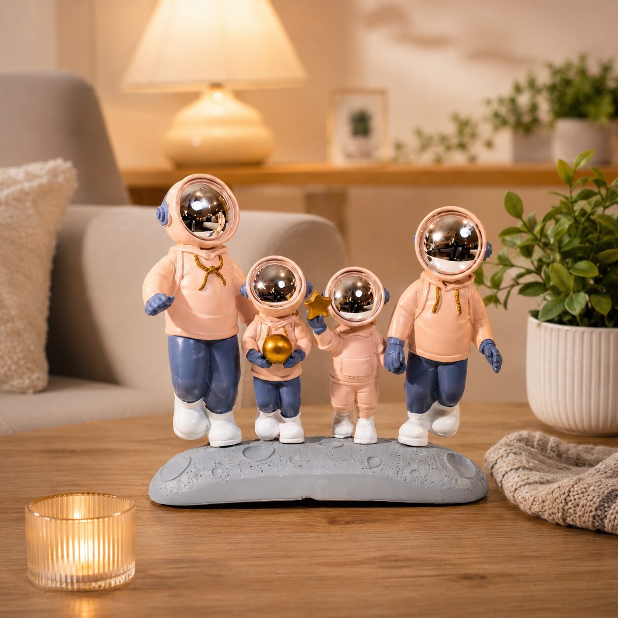 Astronaut Family Figurine Decor in Cozy Living Room Setting