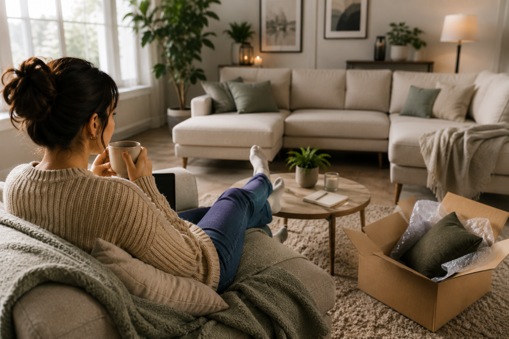 Woman relaxing in a modern living room while buying furniture online and receiving home delivery box