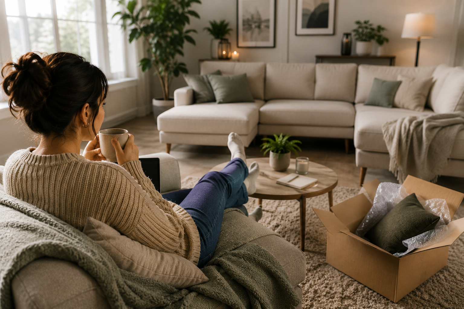 Woman relaxing in a modern living room while buying furniture online and receiving home delivery box