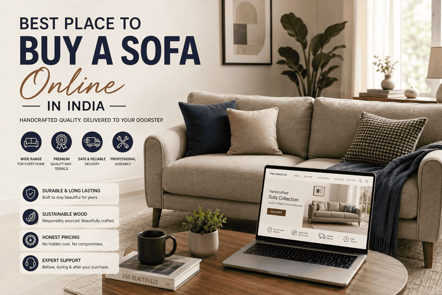 Handcrafted sofa available online in India for modern living rooms